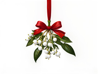 A festive mistletoe decoration with a red ribbon for holidays