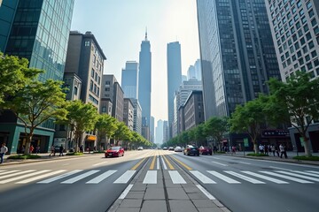 Fototapeta premium Urban cityscape with skyscrapers and busy pedestrian street in daylight.