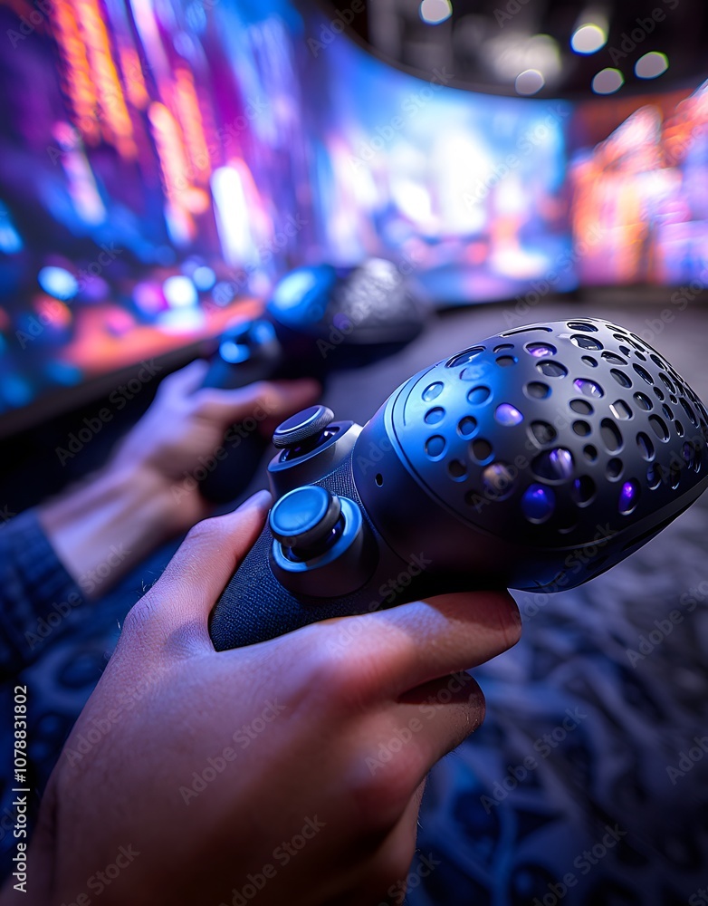 Poster a close-up of hands holding gaming controllers in front of a vibrant screen display.
