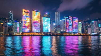 Fototapeta premium Vibrant cityscape with illuminated skyscrapers reflecting in the water at night.