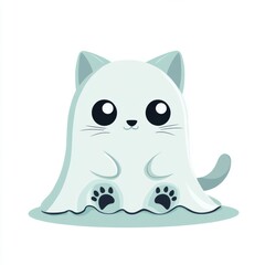 Obraz premium Adorable cartoon cat peeking out playfully from a ghostly blanket, perfect for whimsical designs and Halloween themes.