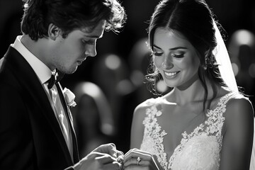 Couple exchanging wedding rings during a romantic ceremony