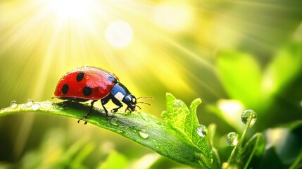 Naklejka premium Ladybug on a Green Leaf with Dew Drops - Macro Photography