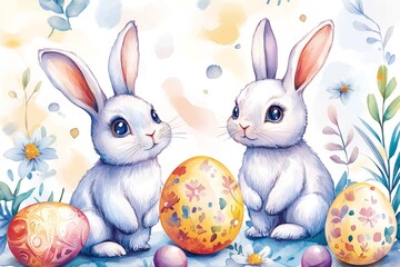 Two white bunnies and colorful eggs