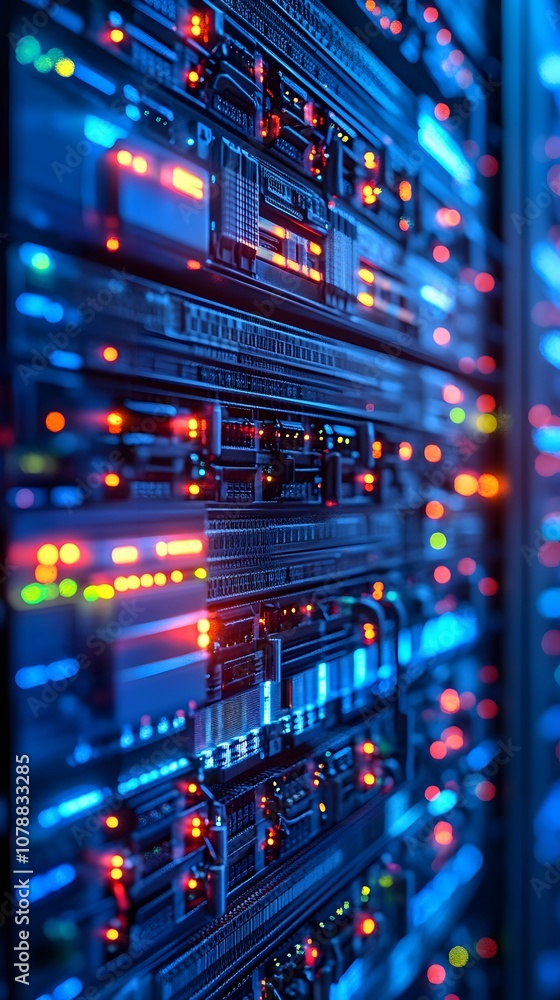 Poster a close-up view of illuminated server racks in a data center, showcasing technology infrastructure.