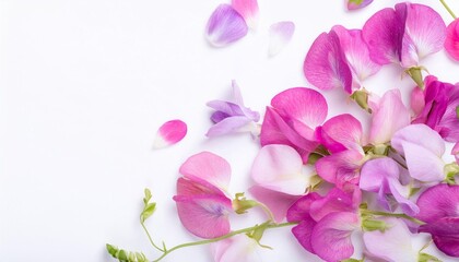 Closeup of Blooming Sweet Pea Flowers and Petals Isolated on White Background. Top View of Flower with Empty Space.