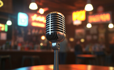 Vintage microphone in a vibrant neon-lit bar setting, suggesting live music or stand-up comedy performance ambiance.