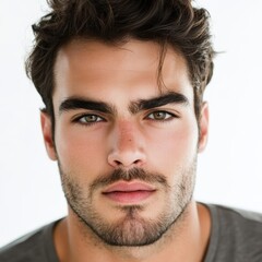 Obraz premium Portrait of a handsome young man with intense gaze on white background