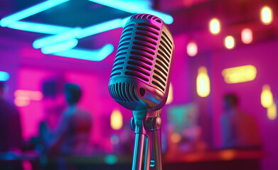 Vintage microphone in a vibrant neon-lit bar setting, suggesting live music or stand-up comedy...