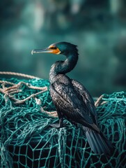 Fototapeta premium A black cormorant with a yellow beak perches on a green fishing net.