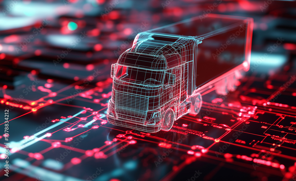 Poster futuristic digital rendering of a truck with red and blue lines and nodes, symbolizing advanced tech