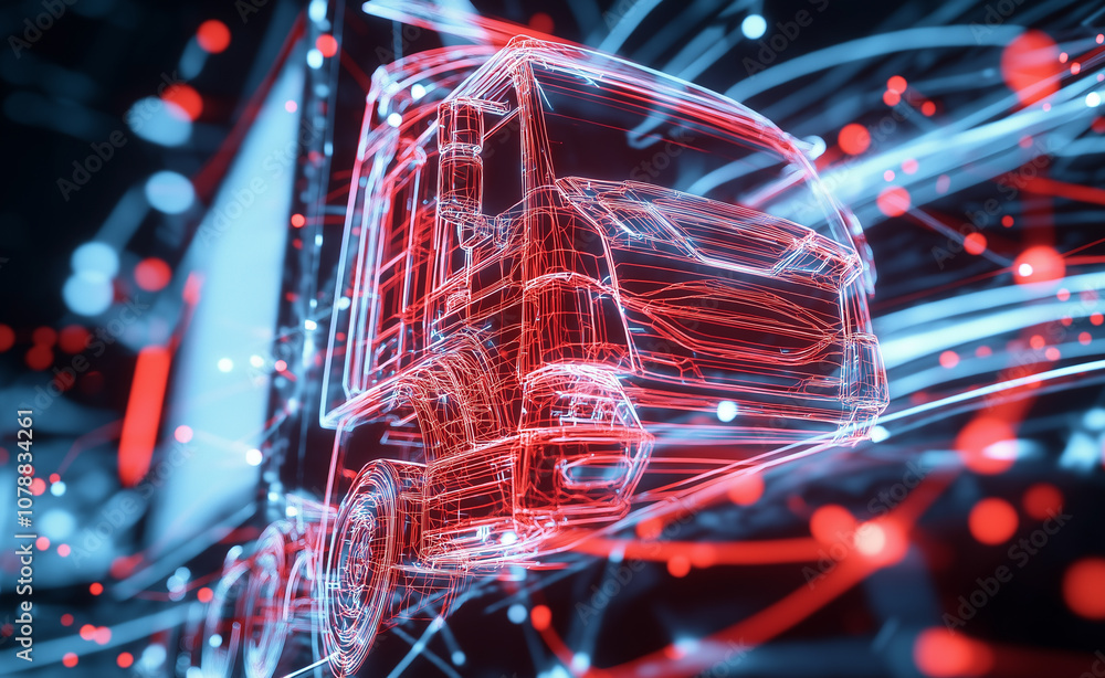 Poster futuristic digital rendering of a truck with red and blue lines and nodes, symbolizing advanced tech