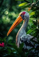 Close up of a painted stork in a lush green jungle, its bright orange beak and red eyes standing out against the foliage.