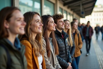Obraz premium Diverse group of young adults smiling outdoors in urban setting.