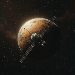 Satellite orbiting the planet Mars for research. Space exploration and colonization of the red...