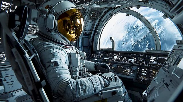 An astronaut pilots a futuristic spaceship, gazing at the Earth through a large window as they embark on an interstellar journey to explore the vast unknowns of the universe.