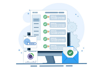 Web UI Interface. Data analysis, SEO Optimization dashboard and business financial report. PC or website SEO investment screen. Technology Analysis KPI Data Dashboard. Flat Vector Illustration.