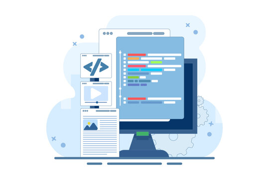 web design user interface prototype testing concept on local server. Website development, coding on Laptop screen, and Programming for landing page, web banner, mobile app. vector illustration.
