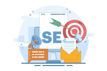 SEO Search Engine Optimization Concept. Conceptual SEO analysis and optimization, SEO strategy and marketing vector illustration for website. Modern flat design template.