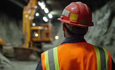 Construction worker in a high-visibility outfit and hard hat, standing in a dimly lit underground...