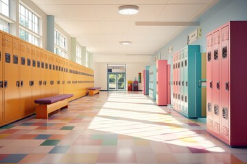 An empty hallway at school with colorful lockers