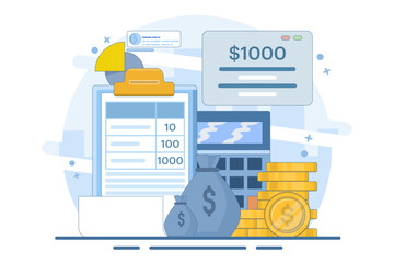 Financial management concept. Family income. People planning and recording household budget and expenses. People saving. Flat vector illustration on background.