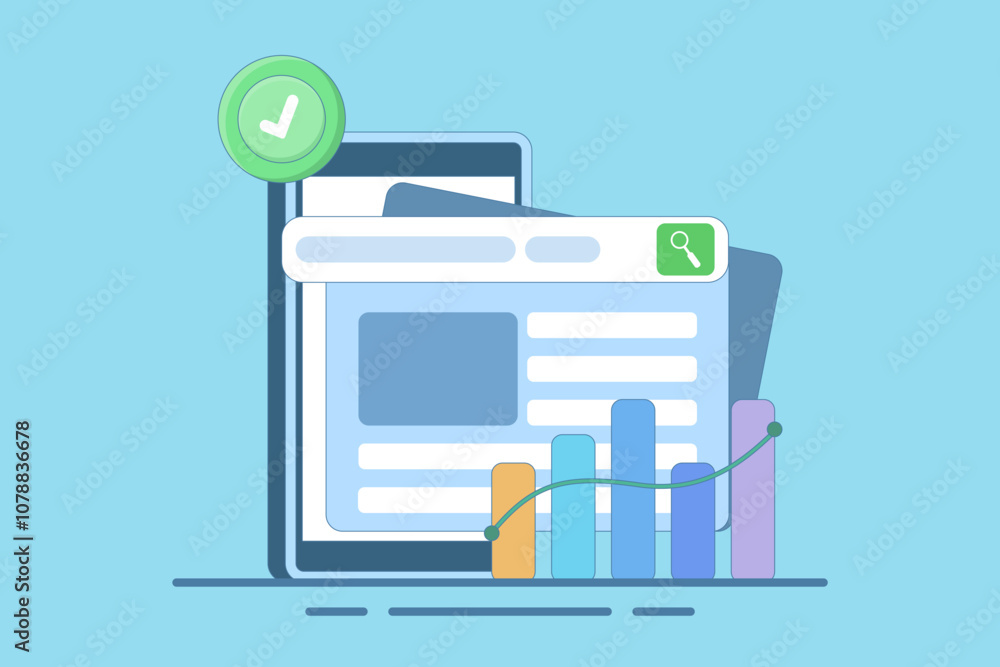 Poster media search data with stock charts for business. media data management and charts for business. man