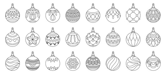 Big set vector christmas ball doodle style. Hand drawn black and white isolated globe decorative for christmas trees, new year and christmas bauble coloring page. Vector illustration