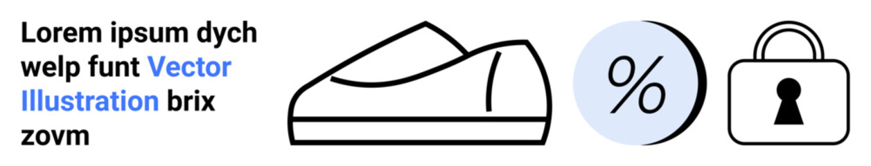 Stylish shoe silhouette paired with percentage symbol and padlock graphics. Ideal for e-commerce, retail, fashion, shoe stores, security, sales promotions, deals. Landing page