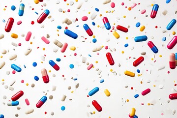 Close up of many different pills arranged in pattern on blue background.
