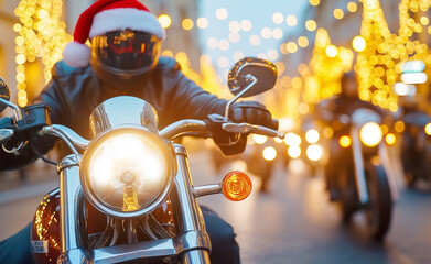 Man in a Santa hat and leather jacket riding a motorcycle on a festive, decorated city street at...