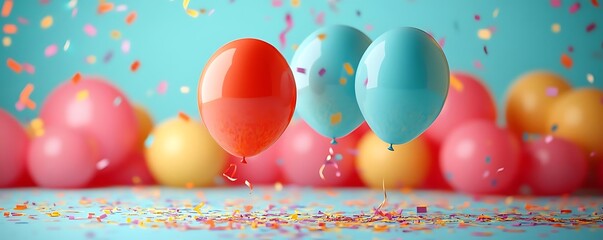 Two Balloons Floating Above Confetti and Balloons - Illustration
