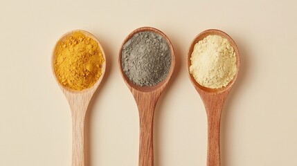 Three wooden spoons filled with vibrant powdered spices - golden turmeric, gray black pepper, and pale ginger - arranged neatly on a neutral background.