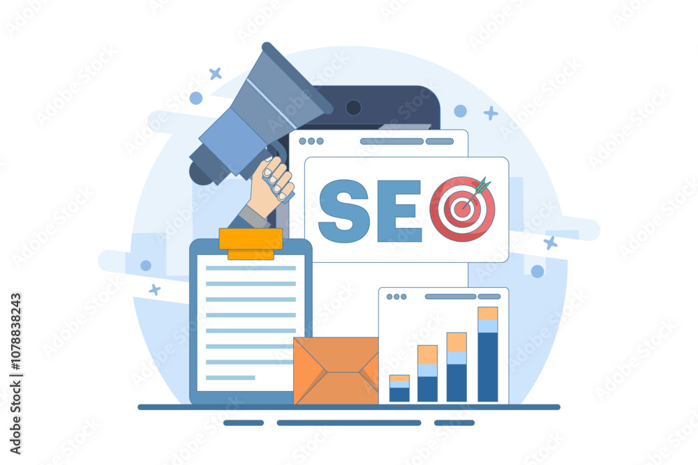 Poster seo search engine optimization concept. conceptual seo analysis and optimization, seo strategy and m