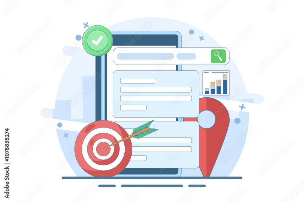 Poster online information search concept. search engine on smart device screen with local pin location icon