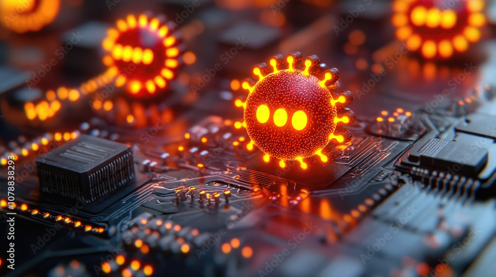 Poster colorful viral particles float above a circuit board, illustrating the intersection of technology an