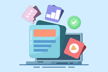 Media data management with video and graphics for business. Management software. Media data. Search files and videos in database. Flat vector illustration.