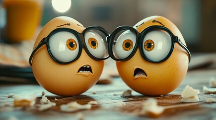 Quirky egg characters with oversized spectacles express comical surprise, their yolk-yellow faces frozen in exaggerated shock amidst scattered eggshell fragments.