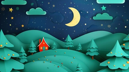 Naklejka premium Fantasy paper-cut style landscape with a starry night sky, crescent moon, and a cozy red house among snowless green hills and pine trees, decorated with yellow stars.