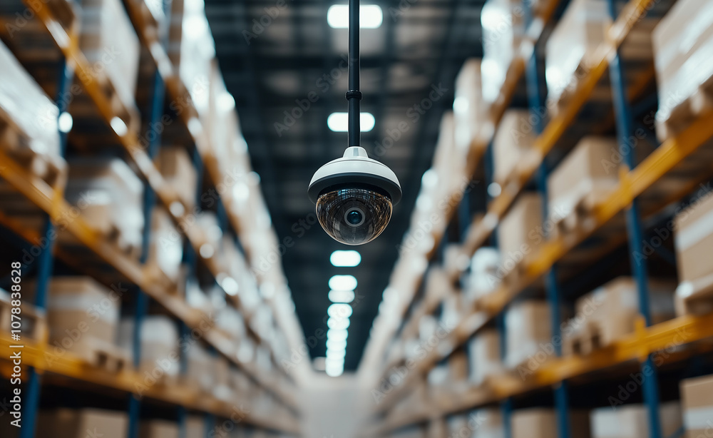 Poster surveillance camera hanging from the ceiling in a warehouse filled with boxes, representing security