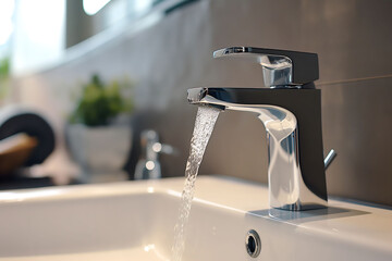 sleek modern faucet with running water in a stylish bathroom, emphasizing cleanliness, contemporary design, and water conservation,for promoting eco-friendly home products or interior design solutions