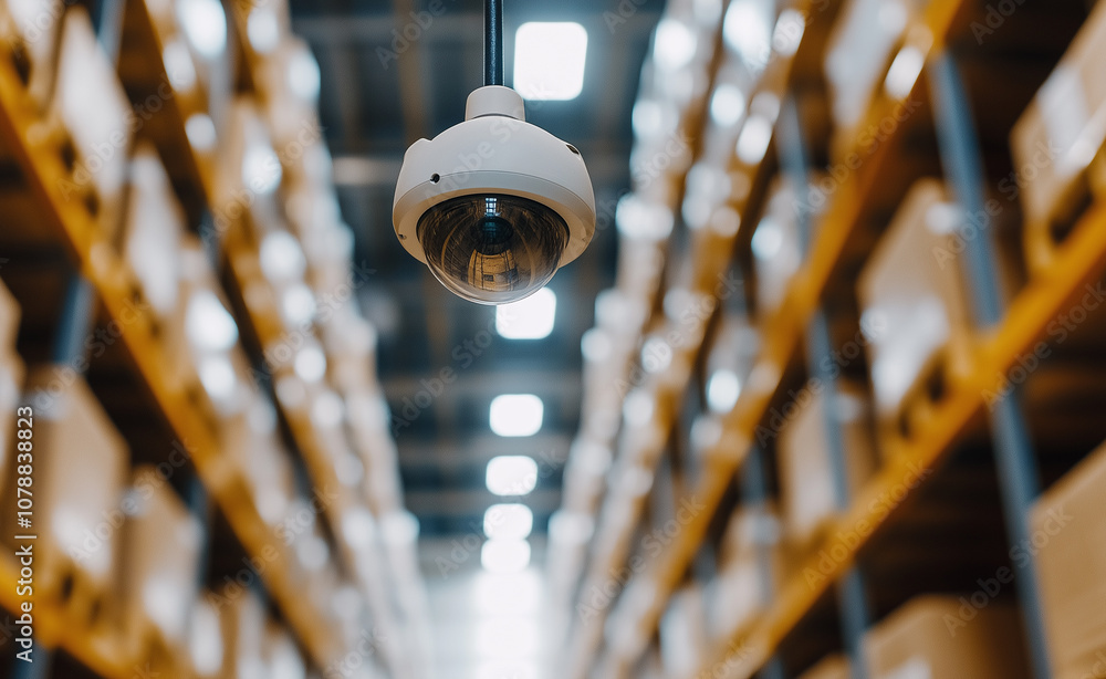 Poster surveillance camera hanging from the ceiling in a warehouse filled with boxes, representing security