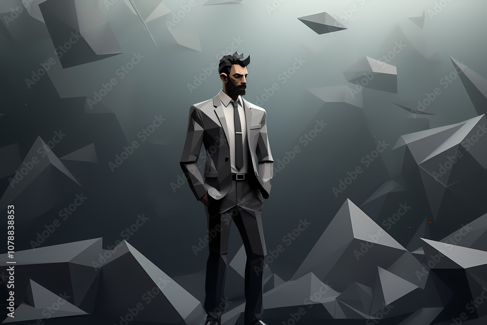 Poster a confident gentleman stands in a geometric landscape of shadows and sharp angles at dusk