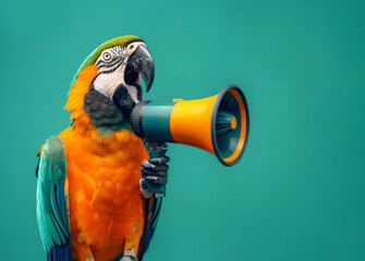 vibrant image of a parrot holding a megaphone against a teal background, ideal for use in marketing, communication, or advertising campaigns that focus on attention-grabbing and colorful messaging
