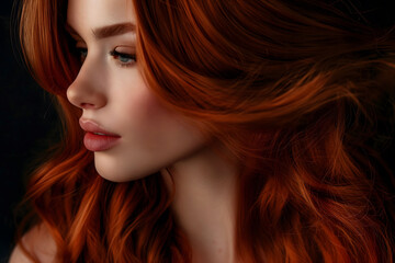Naklejka premium Side profile portrait of a young woman with flowing red hair, highlighting vibrant color and natural beauty, perfect for advertising hair care products, fashion campaigns, or beauty salon marketing.