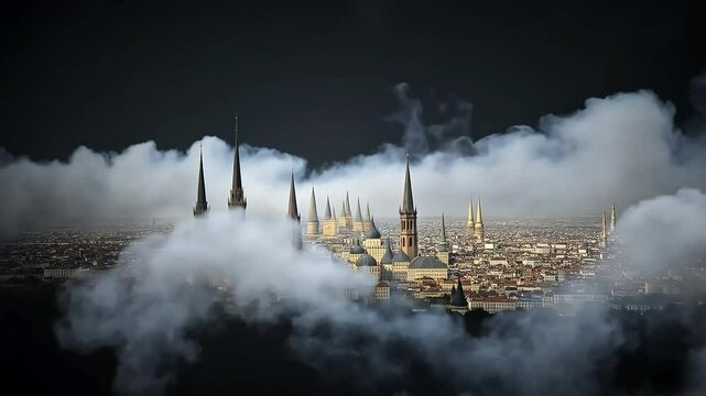 Dramatic clouds unveil a stunning cityscape, with church towers rising majestically from a sea of fog. A serene atmosphere envelops the urban landscape, creating a dreamlike scene