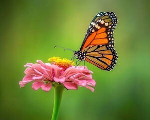 Fototapeta premium A monarch butterfly perched on a pink flower with green background.
