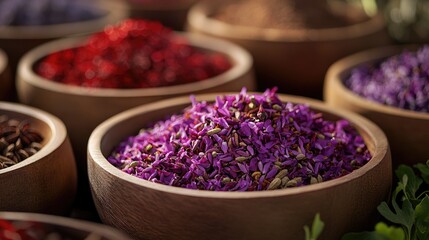 A vibrant display of various spices and herbs in wooden bowls, including turmeric for its golden color, saffron with deep red hues