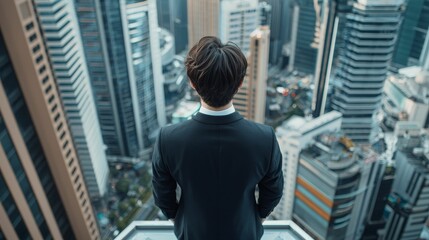 A person stands on a rooftop, overlooking a sprawling cityscape filled with skyscrapers, capturing a moment of contemplation and urbanity.