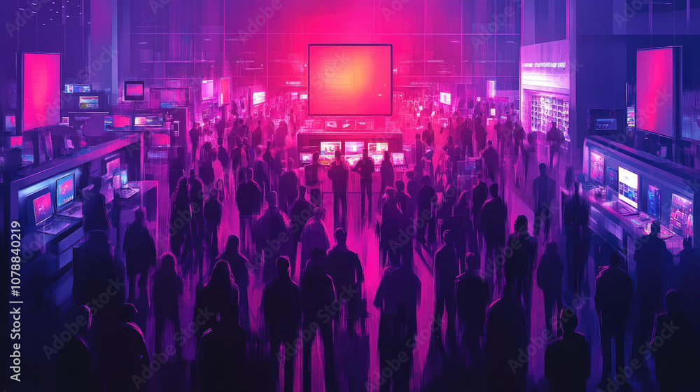 Poster a large crowd is engaging at a technology expo filled with colorful displays, highlighted by dynamic